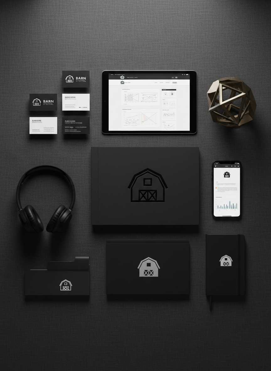A carefully curated flat-lay of a creative agency brand toolkit laid out on a deep charcoal linen surface. Centered is a matte-black presentation folder embossed with a subtle, glossy barn silhouette. Around it are premium business cards, a tablet displaying a responsive website mockup, a smartphone showing social media analytics, and a slim black notebook with a minimalist logo, all meticulously aligned. A pair of wireless headphones and a geometric metal desk sculpture add texture, but no human elements. Soft overhead studio lighting creates gentle, controlled shadows and crisp highlights on the paper edges and device screens. Photographic realism, shot from a perfectly overhead bird’s-eye view with sharp focus throughout, evoking a polished, sophisticated, full-service branding and digital marketing capability.