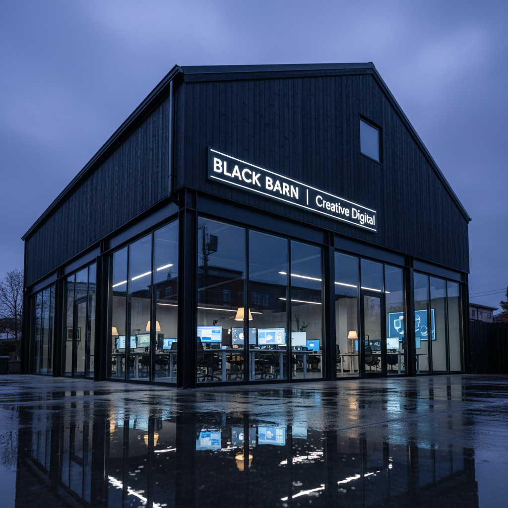 A dramatic exterior of a modern black-clad barn-style building housing a digital creative agency, set against an overcast urban twilight sky. The structure features vertical charred-wood siding, minimalistic black steel framing, and large floor-to-ceiling windows revealing glowing screens and design workstations inside, but no people. Subtle rain has just fallen, leaving the dark concrete courtyard reflective, mirroring the building’s clean lines and the illuminated WHITE “BLACK BARN | Creative Digital” signage. Cool blue ambient light mixes with warm interior lighting, casting soft highlights along edges and creating a cinematic, sophisticated presence. Captured from a low-angle perspective with wide lens, the composition emphasizes height and bold geometry. Photographic realism with a refined, tech-forward mood that suggests innovation, stability, and small business solutions.